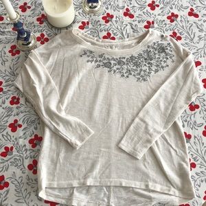 White Aerie Top with Gray Embroidered Flowers